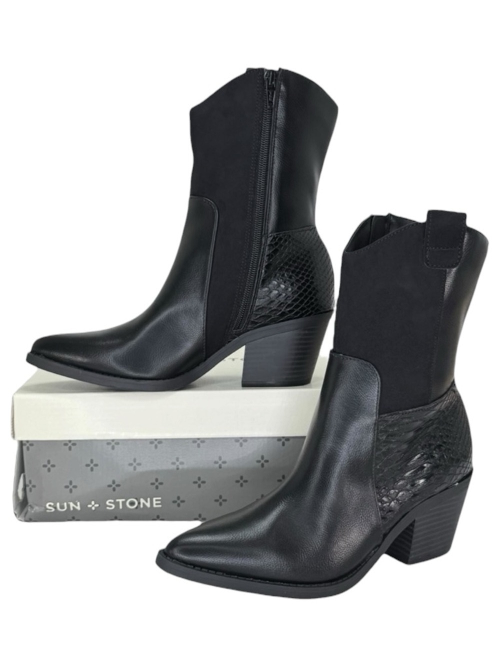 Sun + Stone Biancaa Black Faux Leather Western Womens Ankle Boots Size 7M